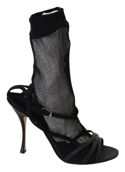 Dolce & Gabbana Chic Black Mesh Stiletto Sandals crafted with suede and patent leather