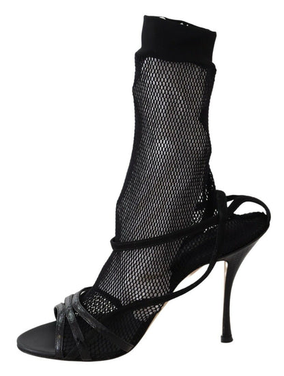 Italian-made stiletto sandals with delicate mesh sock for added sophistication