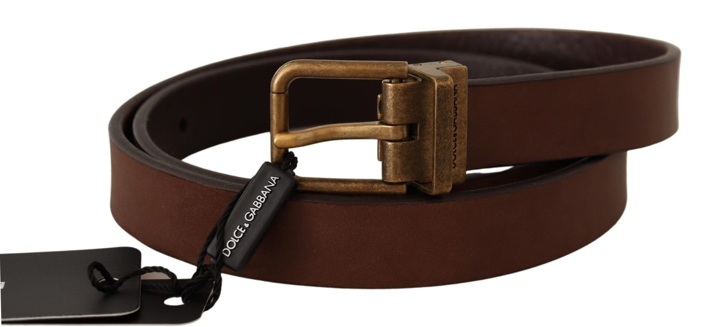 Dolce & Gabbana Elegant Brown Leather Belt with Gold Buckle, 100% Leather, Made in Italy