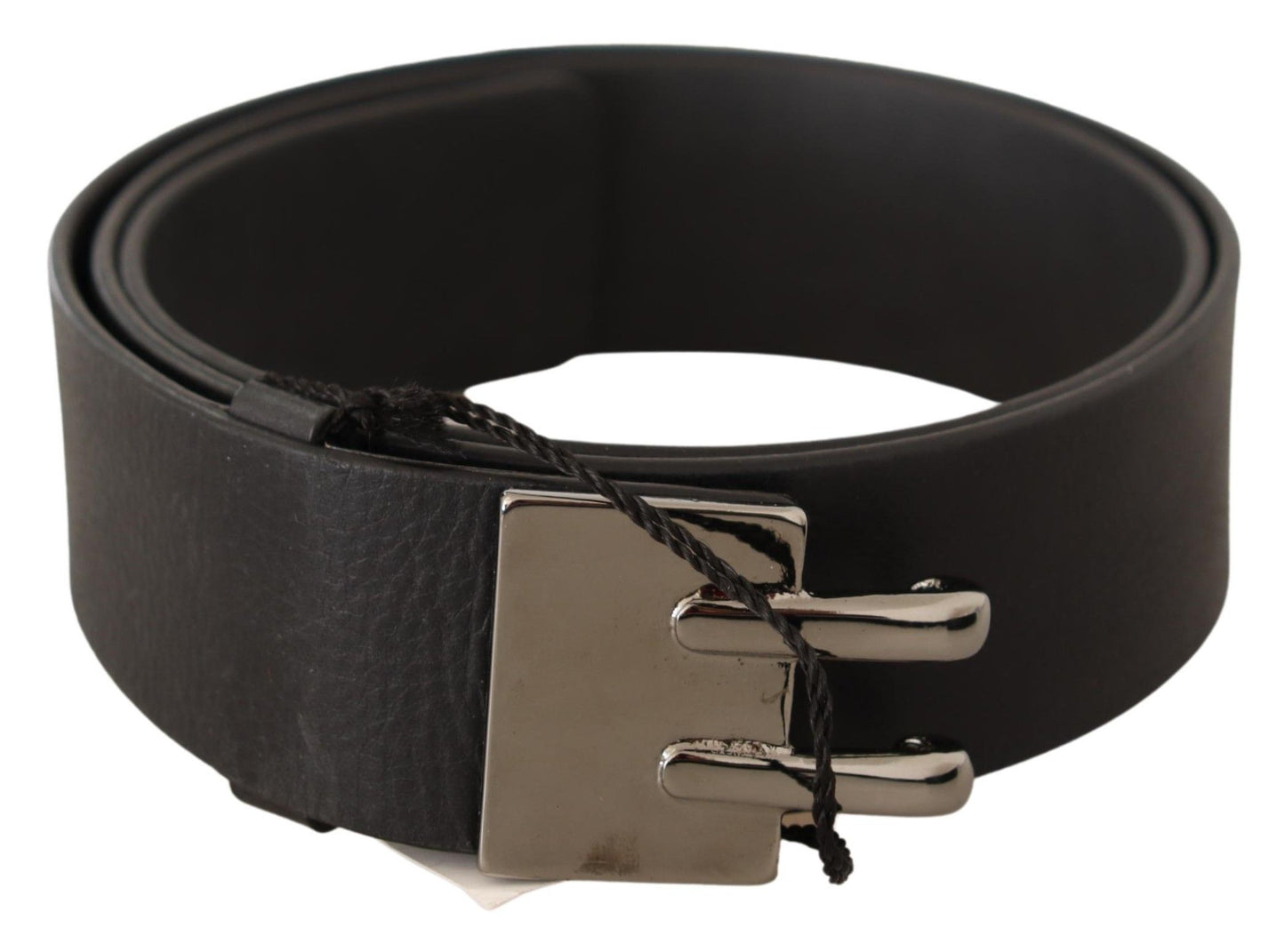 Exquisite black leather Costume National belt with silver-tone buckle 