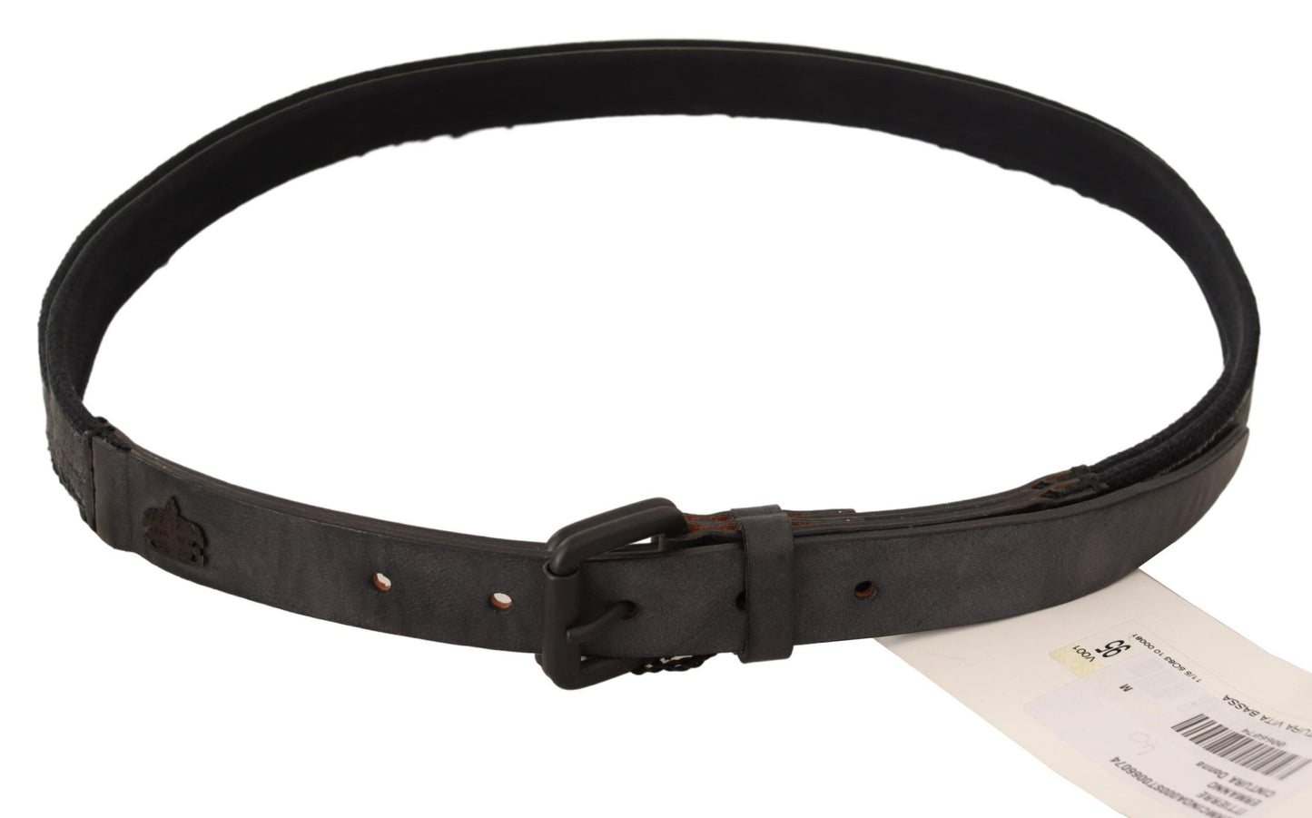 Brand new leather belt with sleek black-tone hardware and secure buckle fastening
