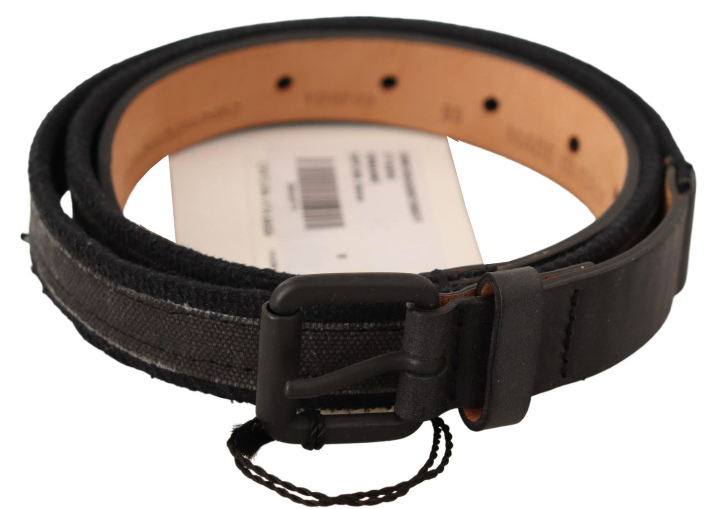 Luxurious black leather denim belt with solid pattern design and logo details