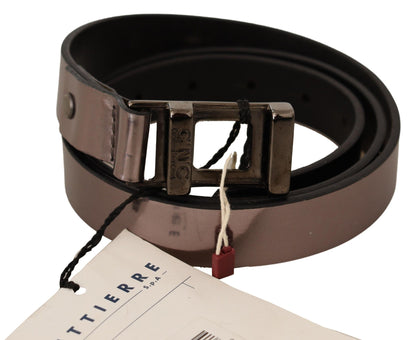 Pink metallic leather belt with solid pattern and bronze buckle 