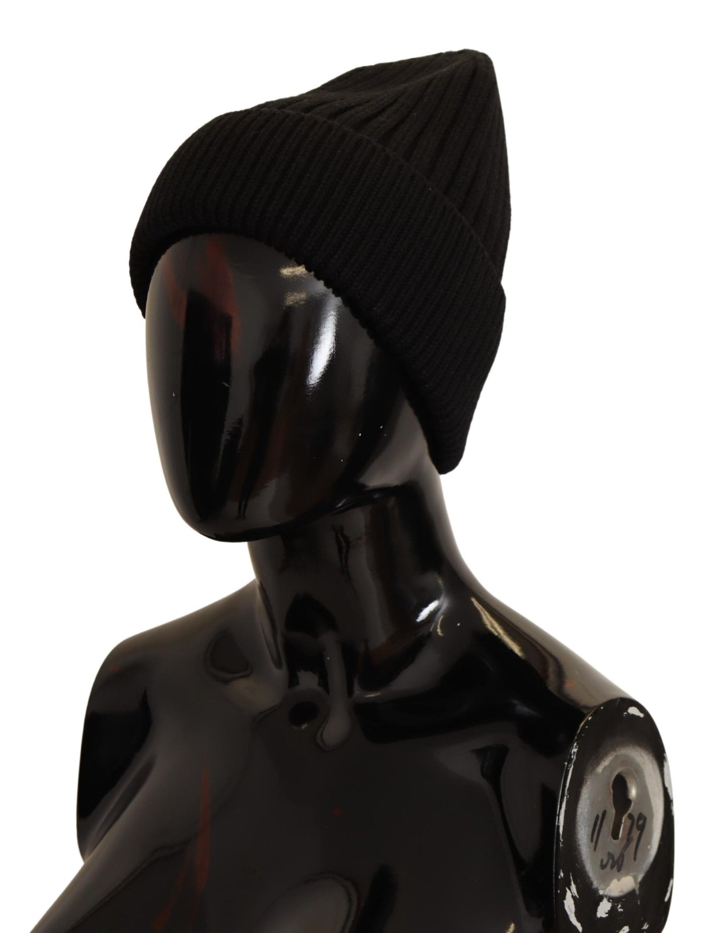 Luxurious black wool beanie with cable knit design