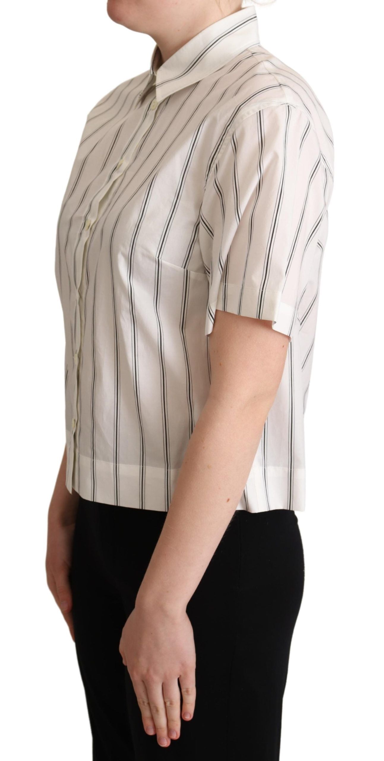 Luxurious top with crisp collar, front button placket, and short sleeves