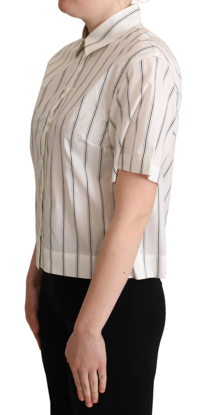 Luxurious top with crisp collar, front button placket, and short sleeves