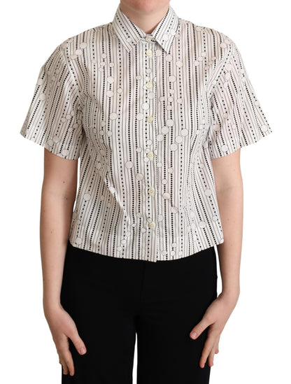 Striking Geometric Elegance Collared Polo Top in classic black and white palette