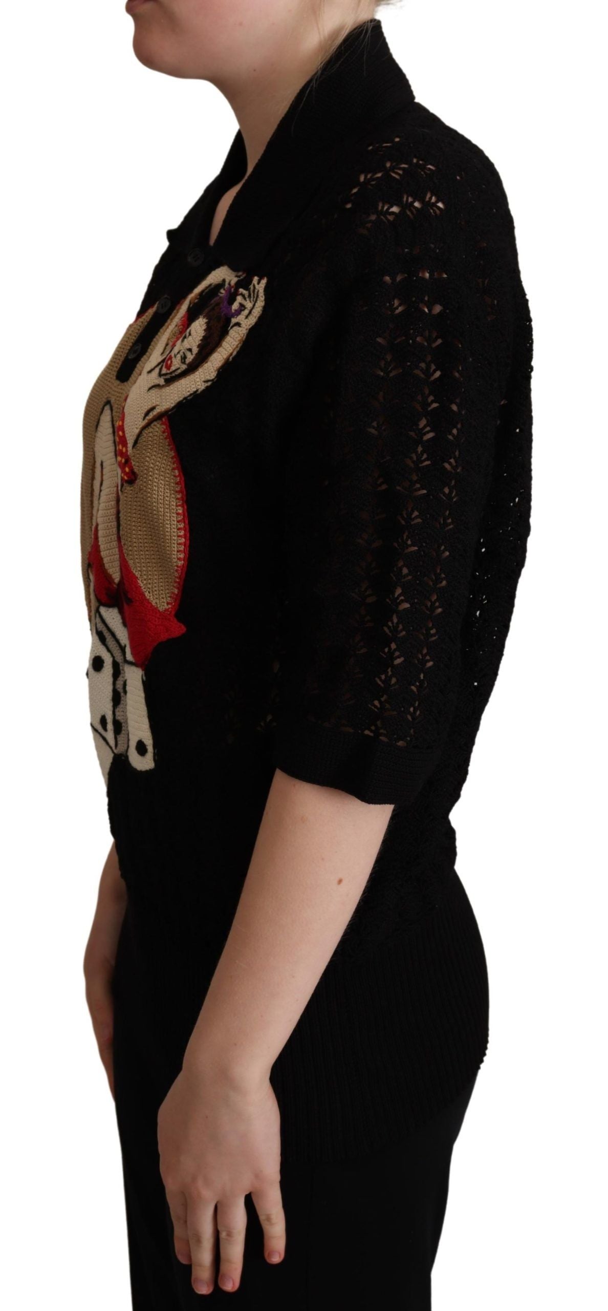  Multicolor embroidery adorns the classic black fabric 