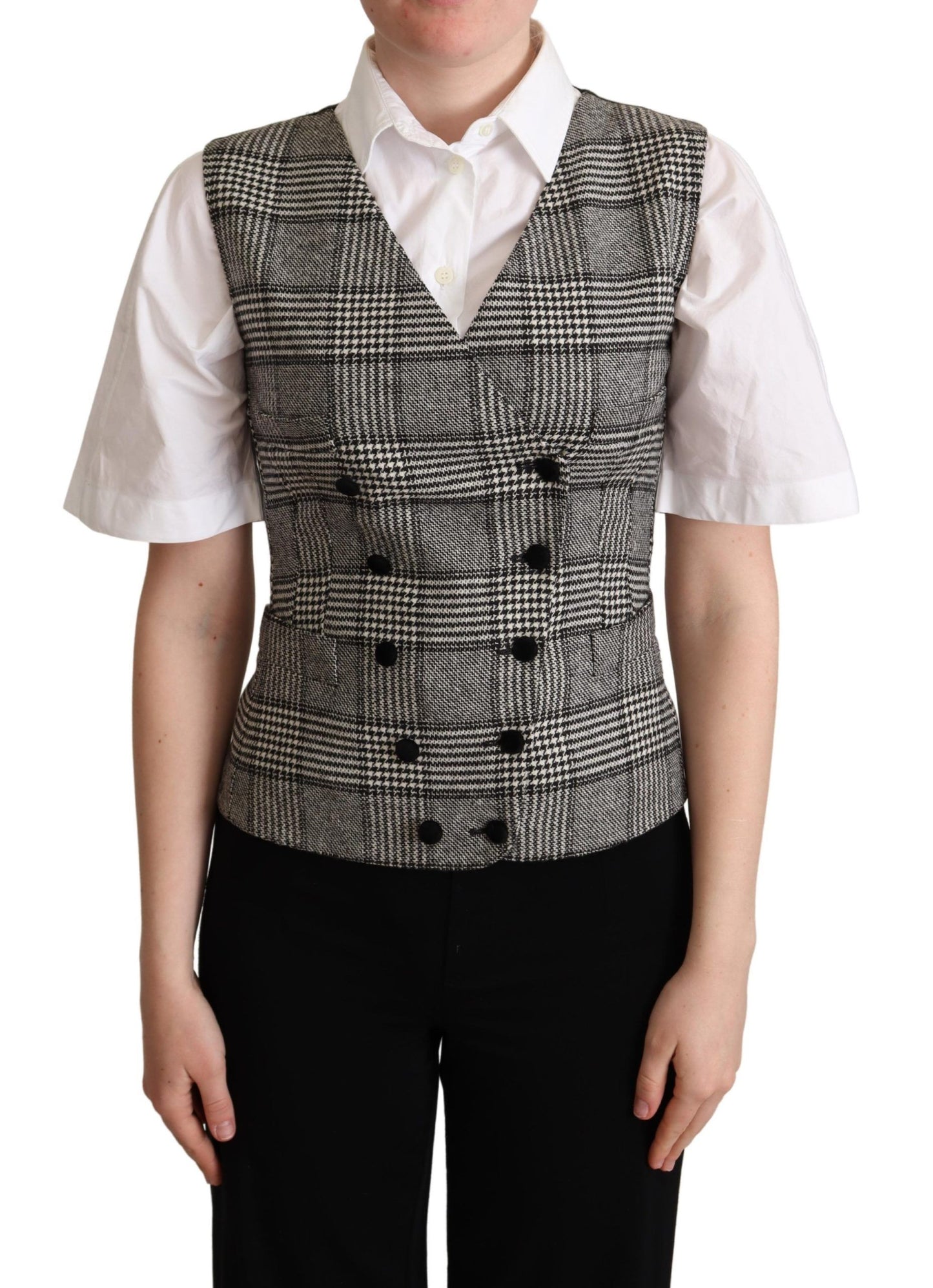 
Dolce & Gabbana Elegant Checkered Gray Silk Blend Vest front view with button closure
