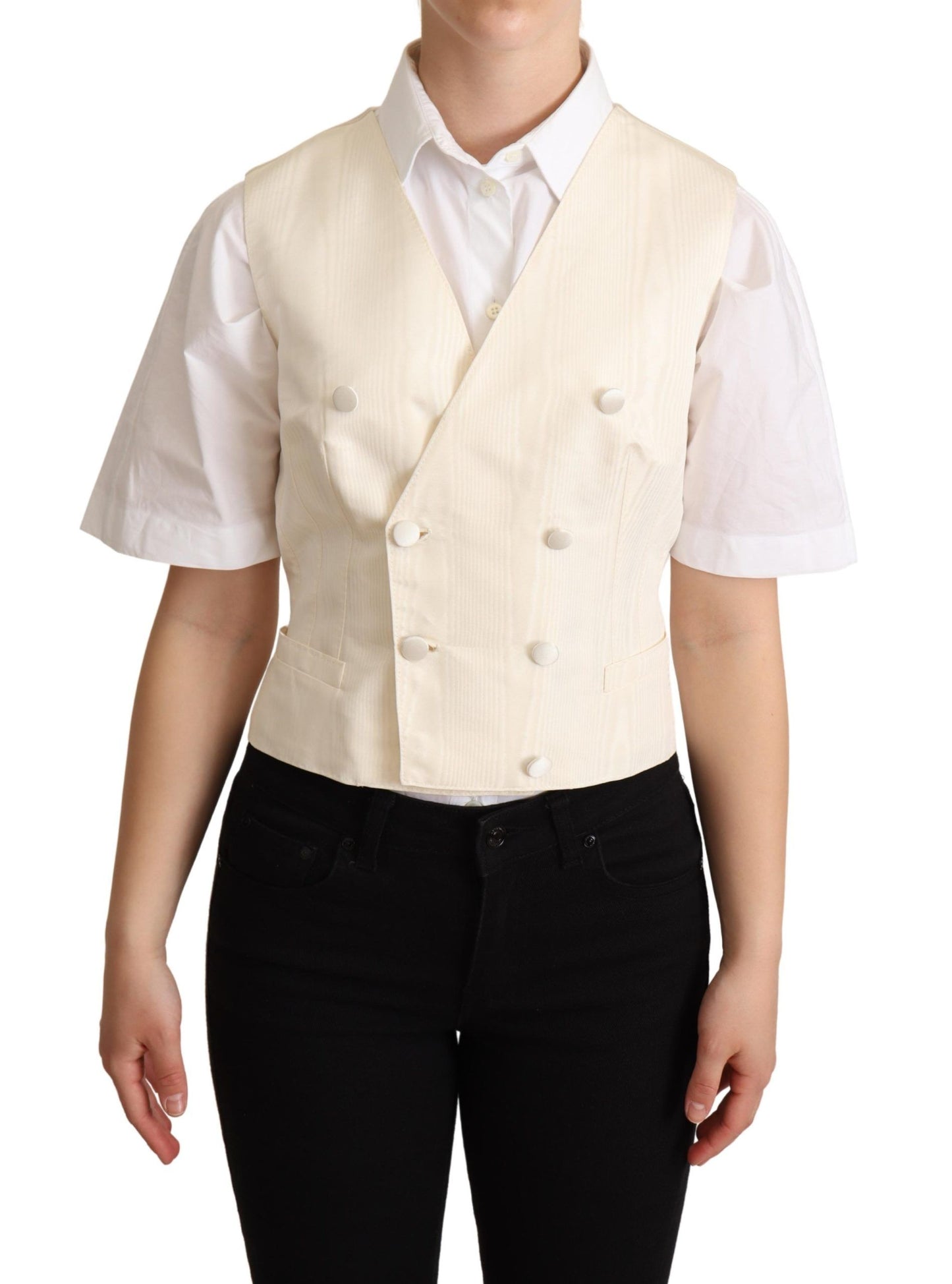 Dolce & Gabbana Beige Silk Blend Sleeveless Vest Luxury Waistcoat front view with button closure