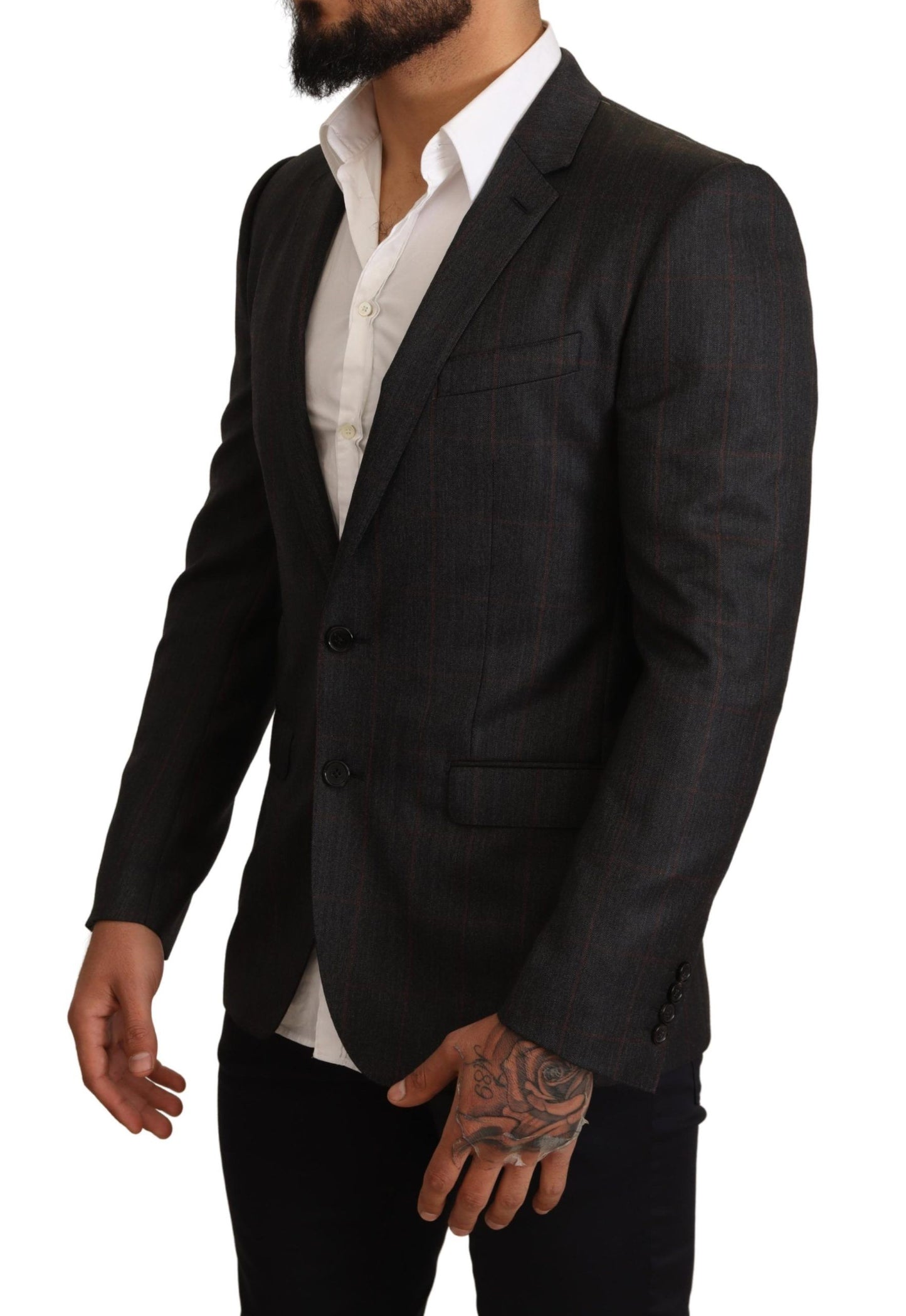 Exquisite logo details on Dolce & Gabbana Elegant Gray Check Martini Blazer