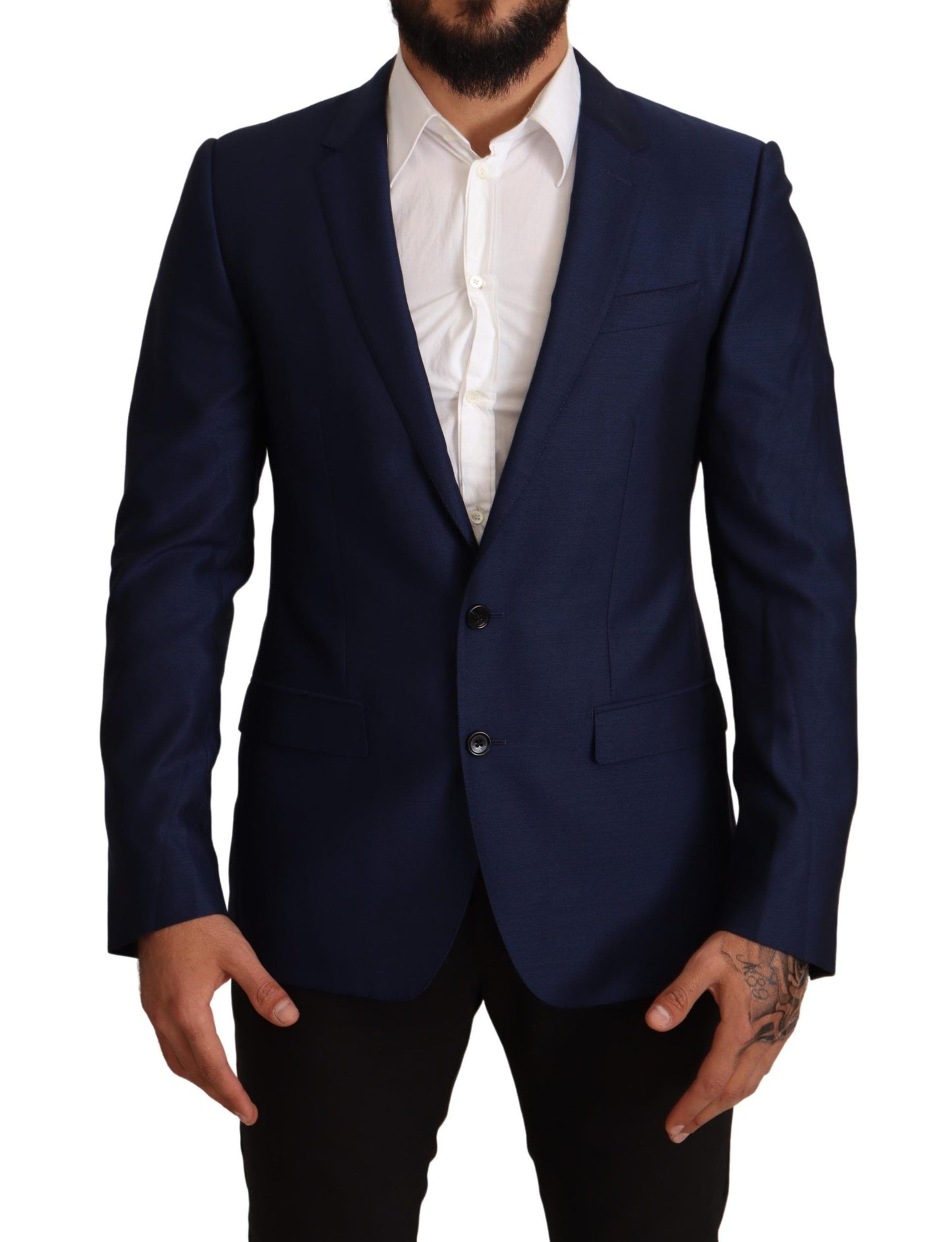 Dolce & Gabbana Navy Blue Virgin Wool Martini Blazer with Notch Lapel and Two-Button Closure