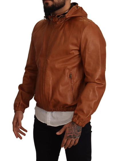 Dolce & Gabbana Elegant Brown Leather Bomber Jacket back view with hood and logo details