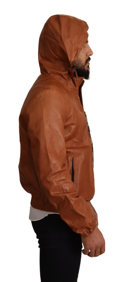 Dolce & Gabbana Elegant Brown Leather Bomber Jacket close-up of leather material