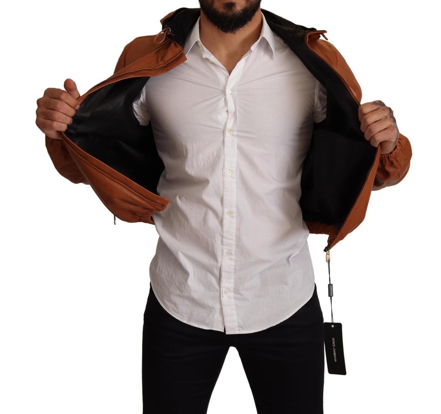 Dolce & Gabbana Elegant Brown Leather Bomber Jacket made in Italy label