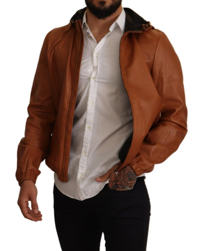Dolce & Gabbana Elegant Brown Leather Bomber Jacket on model showcasing fit and style