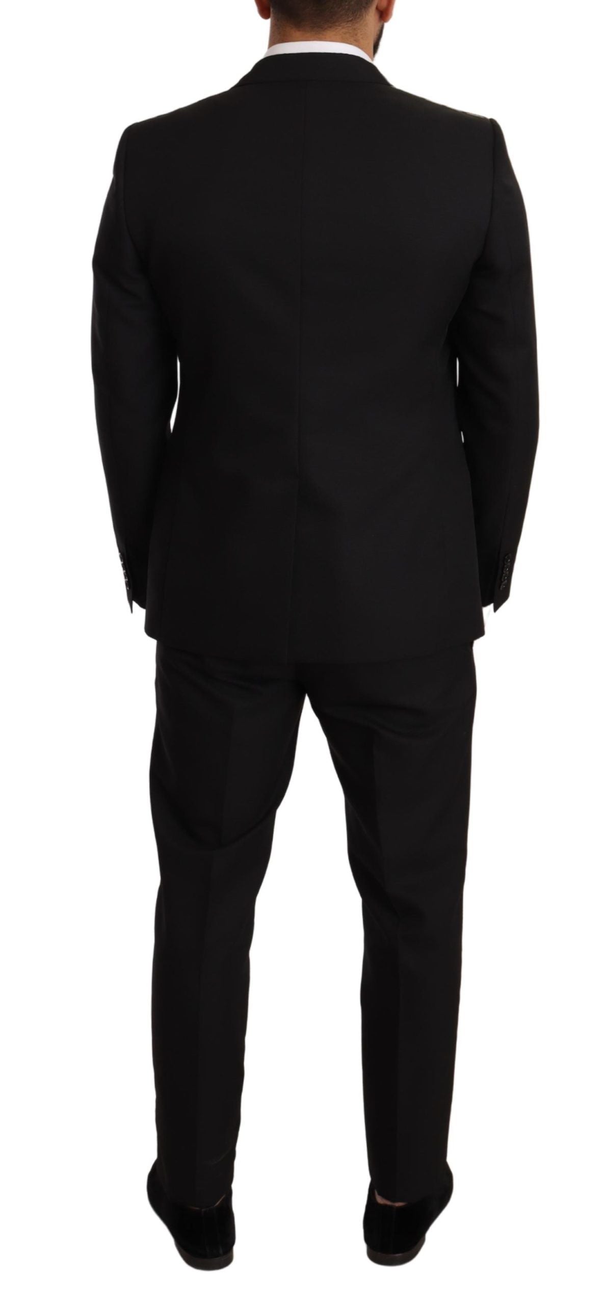 Exquisitely Tailored Martini Style Suit in Black Wool-Polyester Blend with Silk-Rayon Lining