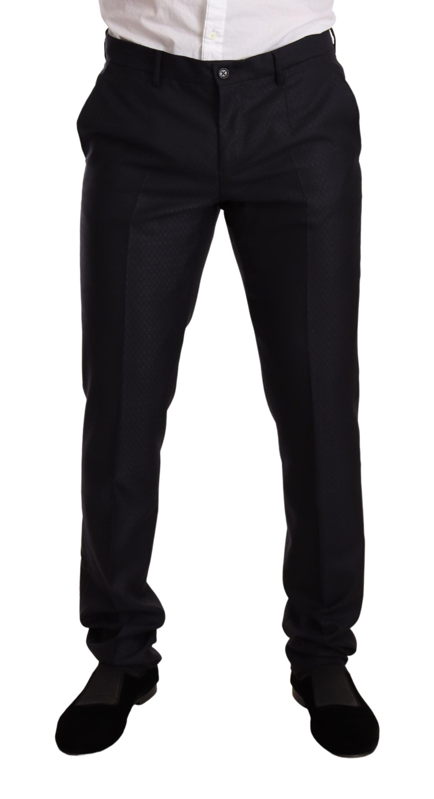 Back view of Dolce & Gabbana Elegant Slim Fit Jacquard Suit in Blue on mannequin
