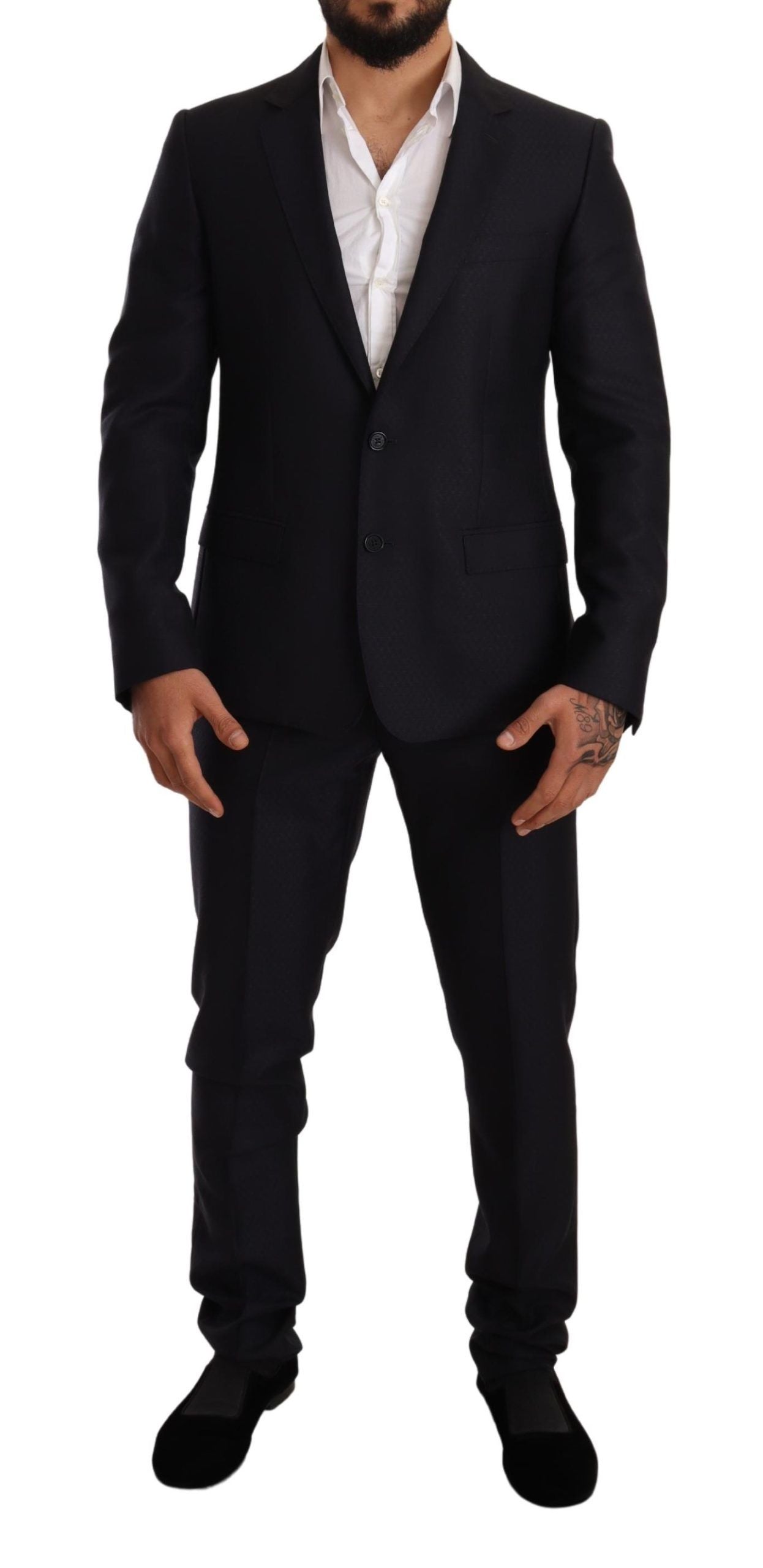 Dolce & Gabbana Elegant Slim Fit Jacquard Suit in Blue blazer and pants front view on mannequin