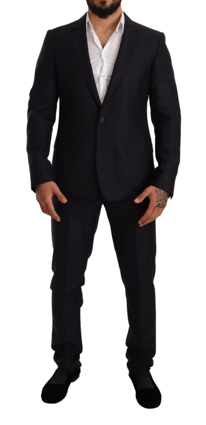 Dolce & Gabbana Elegant Slim Fit Jacquard Suit in Blue blazer and pants front view on mannequin