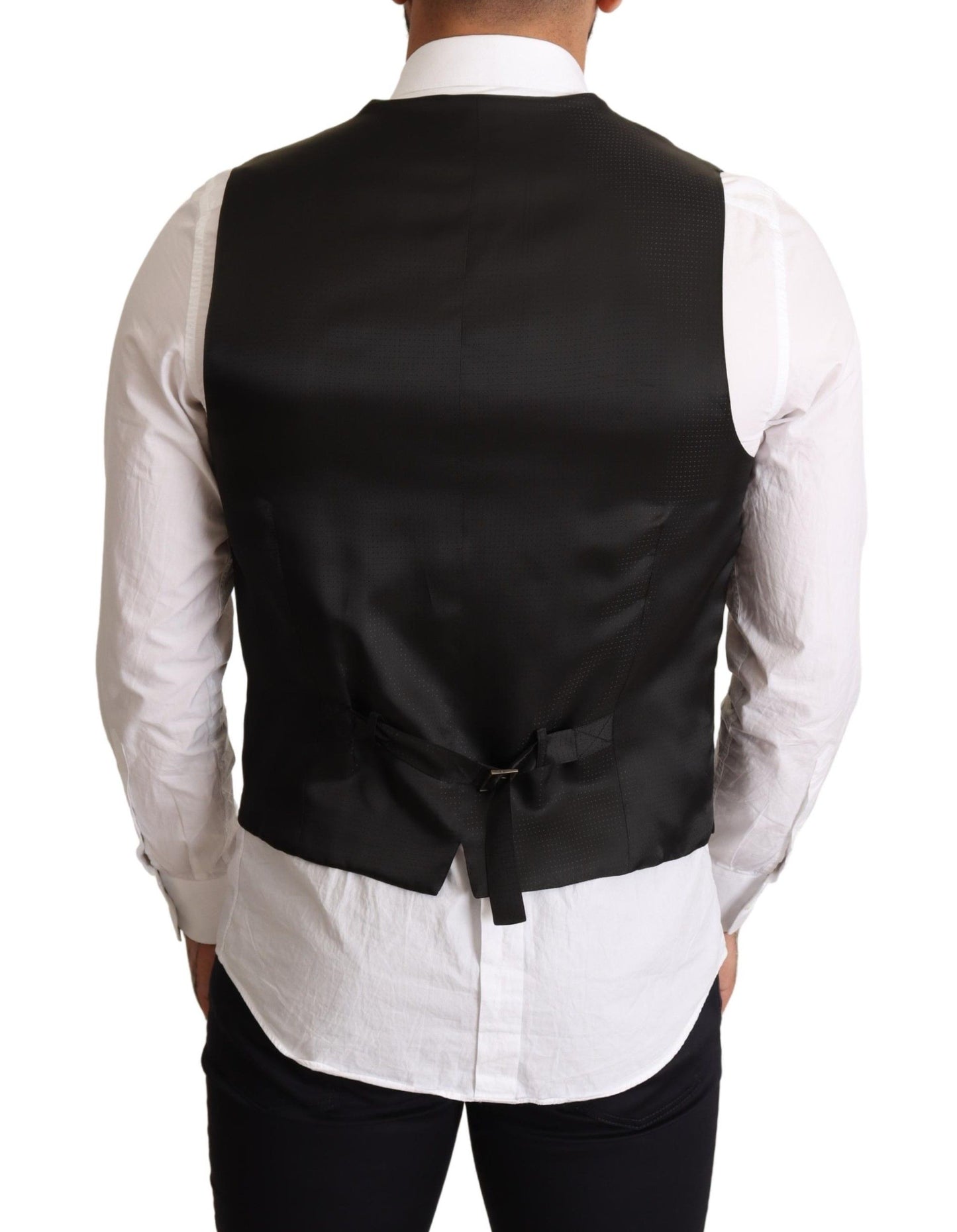 Sophisticated black formal vest crafted from polyester, wool, and elastane