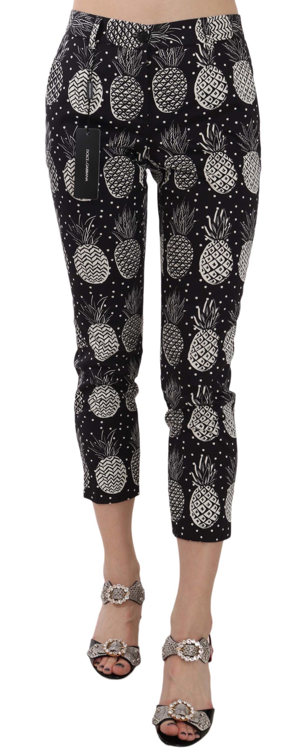 Dolce & Gabbana Black Pineapple Print Skinny Capri Pants with Zipper Closure
