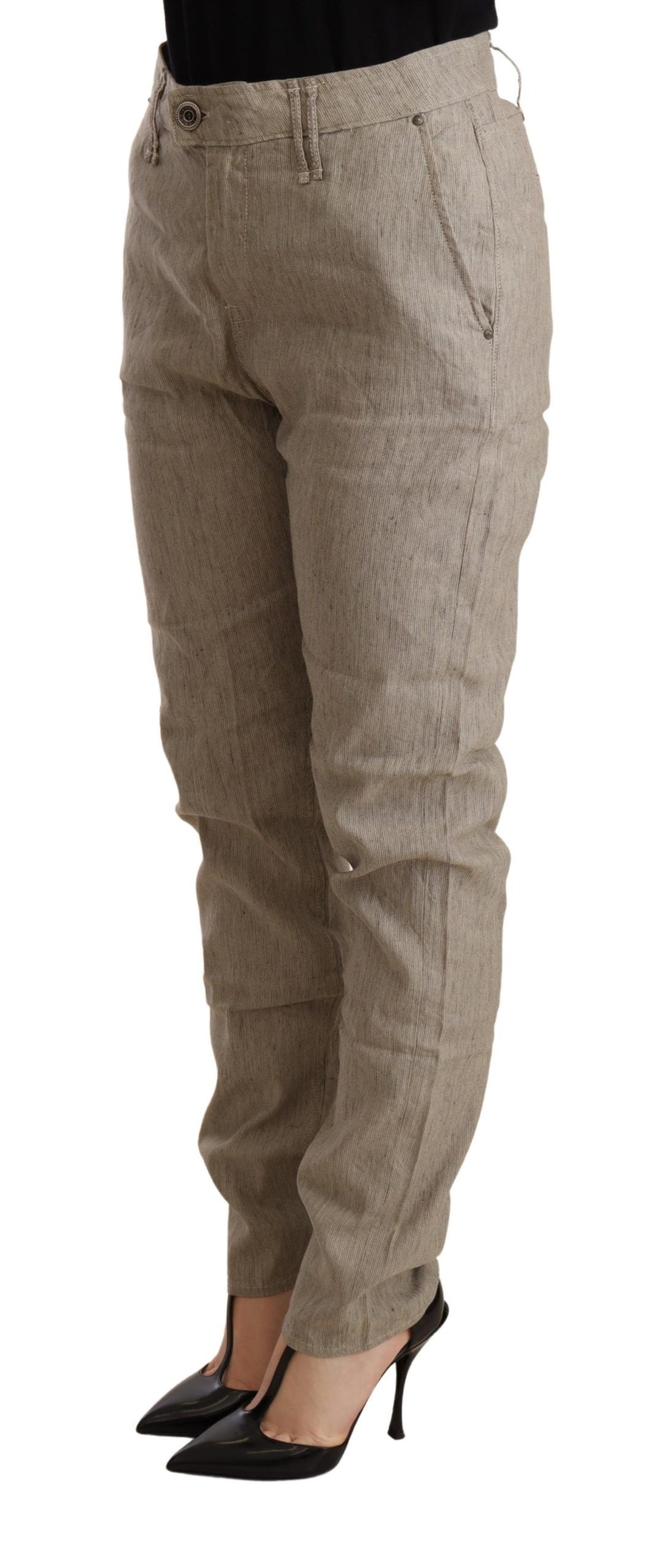 Versatile beige pants with logo accent, made of linen and cotton