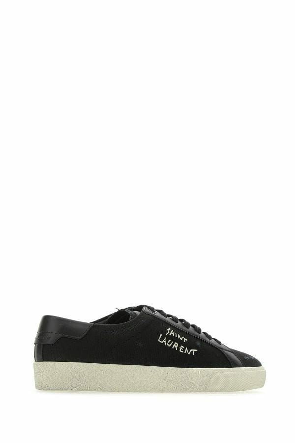 Italian-crafted sneakers with round toe, lace-up front, and embroidered logo