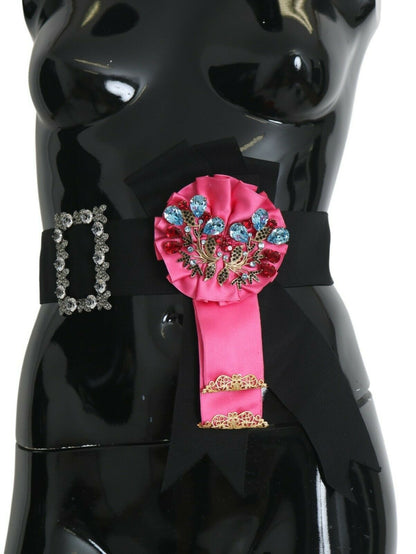 Dolce & Gabbana Elegant Floral Crystal Ribbon Waist Belt in Black