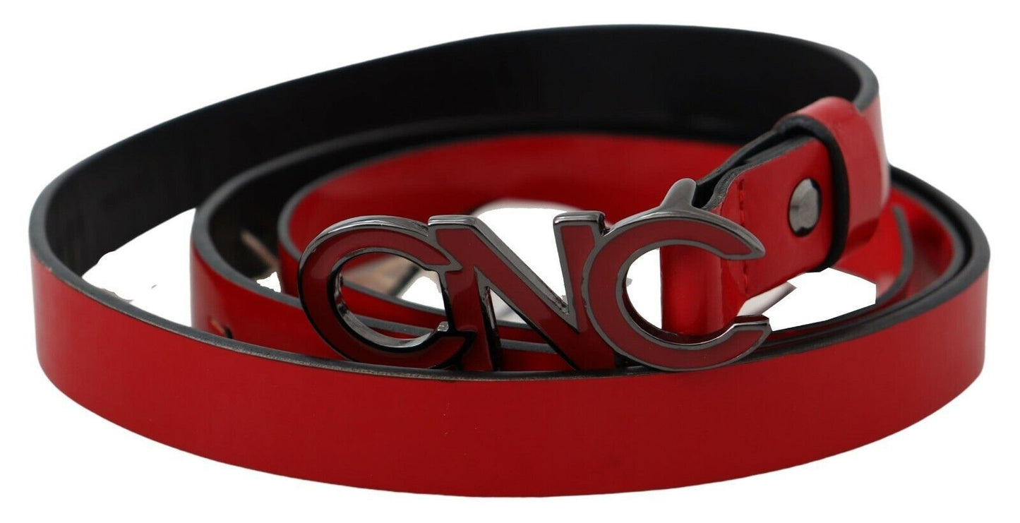  Exquisite red leather belt with sleek black-tone buckle from Italy