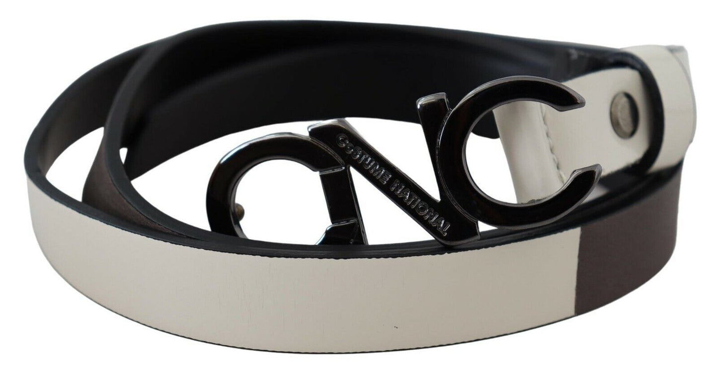 Sophisticated white leather belt with logo letter design, Italy-made