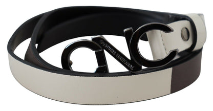 Sophisticated white leather belt with logo letter design, Italy-made