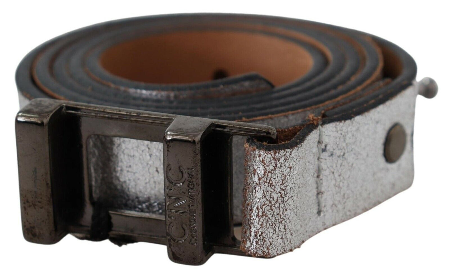 Exquisite silver leather belt from Costume National with bronze hardware