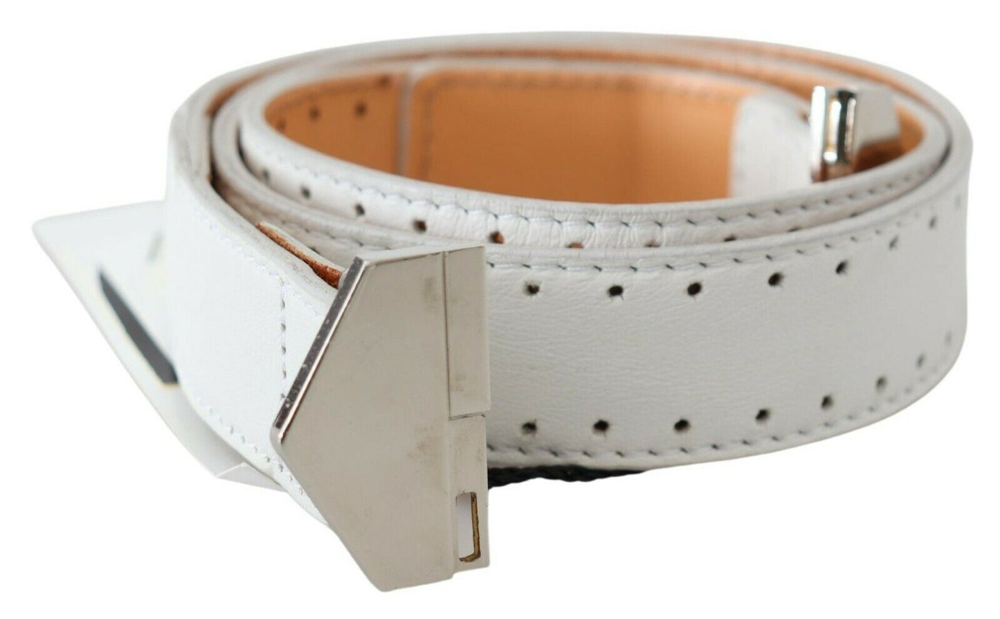 GF Ferre Elegant White Leather Fashion Belt with Silver Buckle
