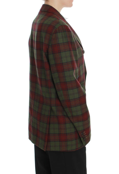Elegant green and bordeaux checkered wool blazer with logo details