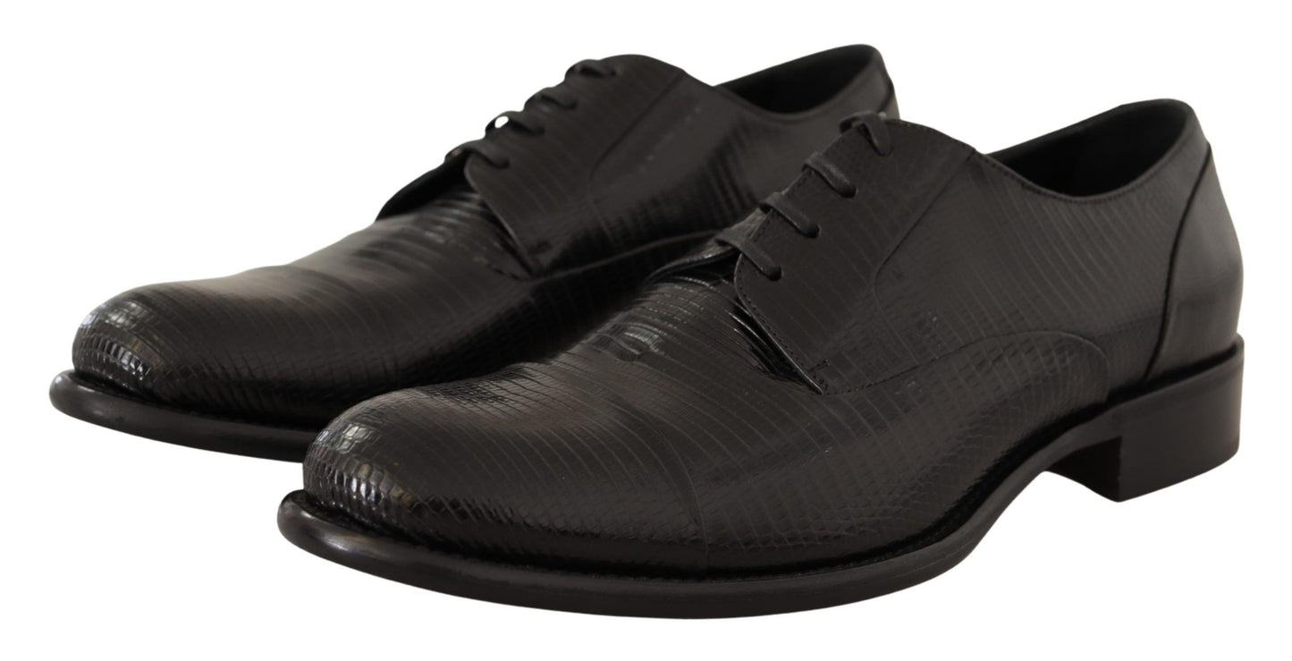 Luxurious black lizard skin leather derby shoes with lace-up closure