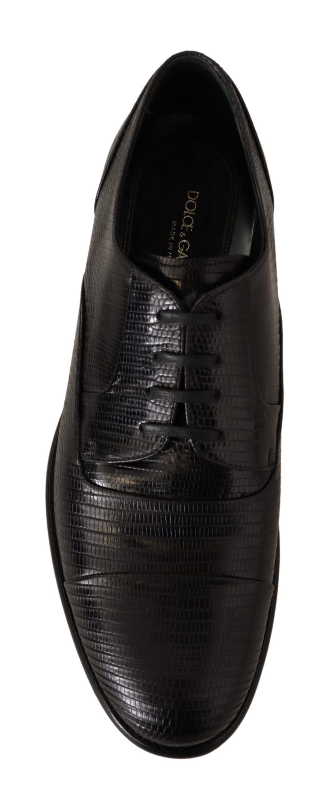 Italian made black lizard skin derby shoes with leather sole and lace-up closure