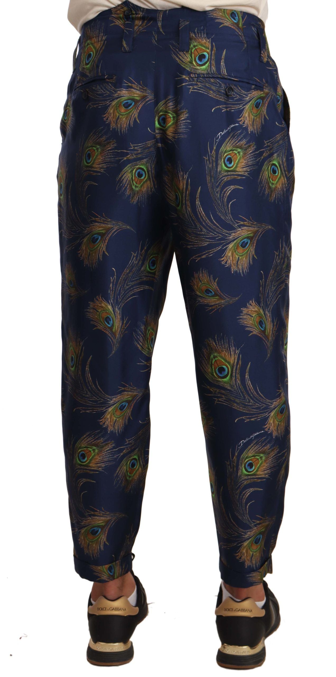 Stunning peacock print trousers with straight leg and multicolor motive