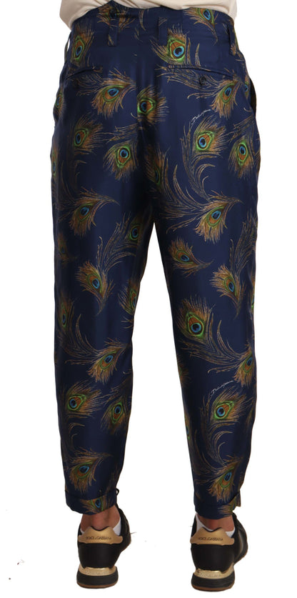 Stunning peacock print trousers with straight leg and multicolor motive