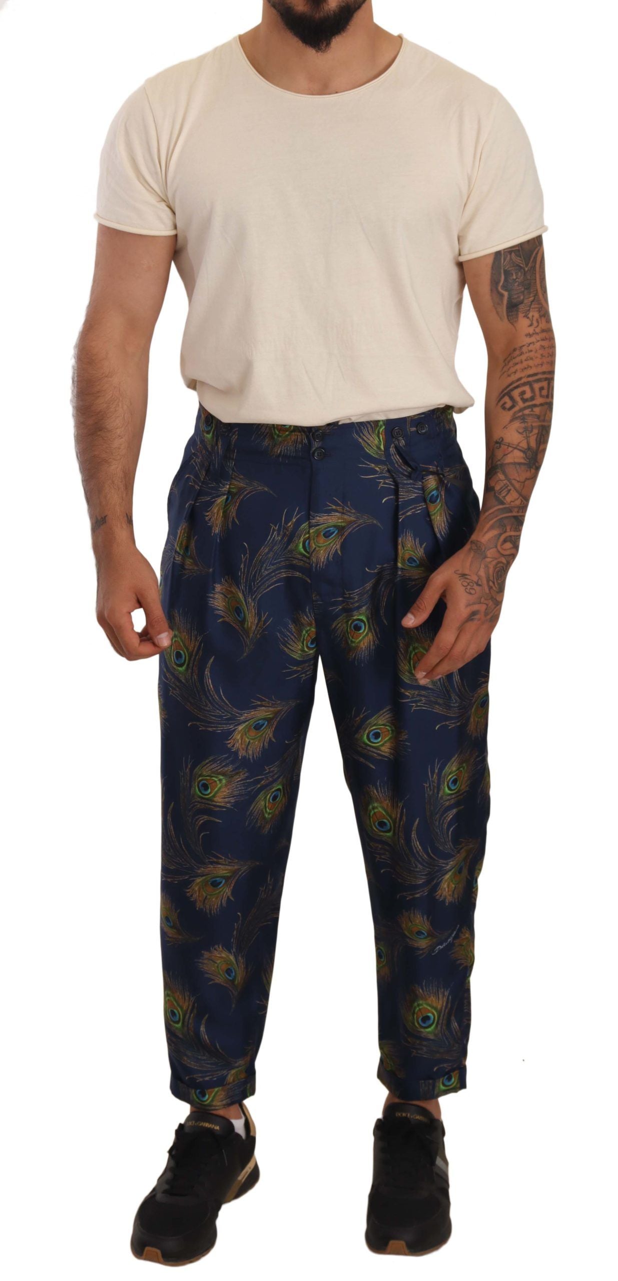 Exquisite blue silk trousers with peacock print and rear welt pocket