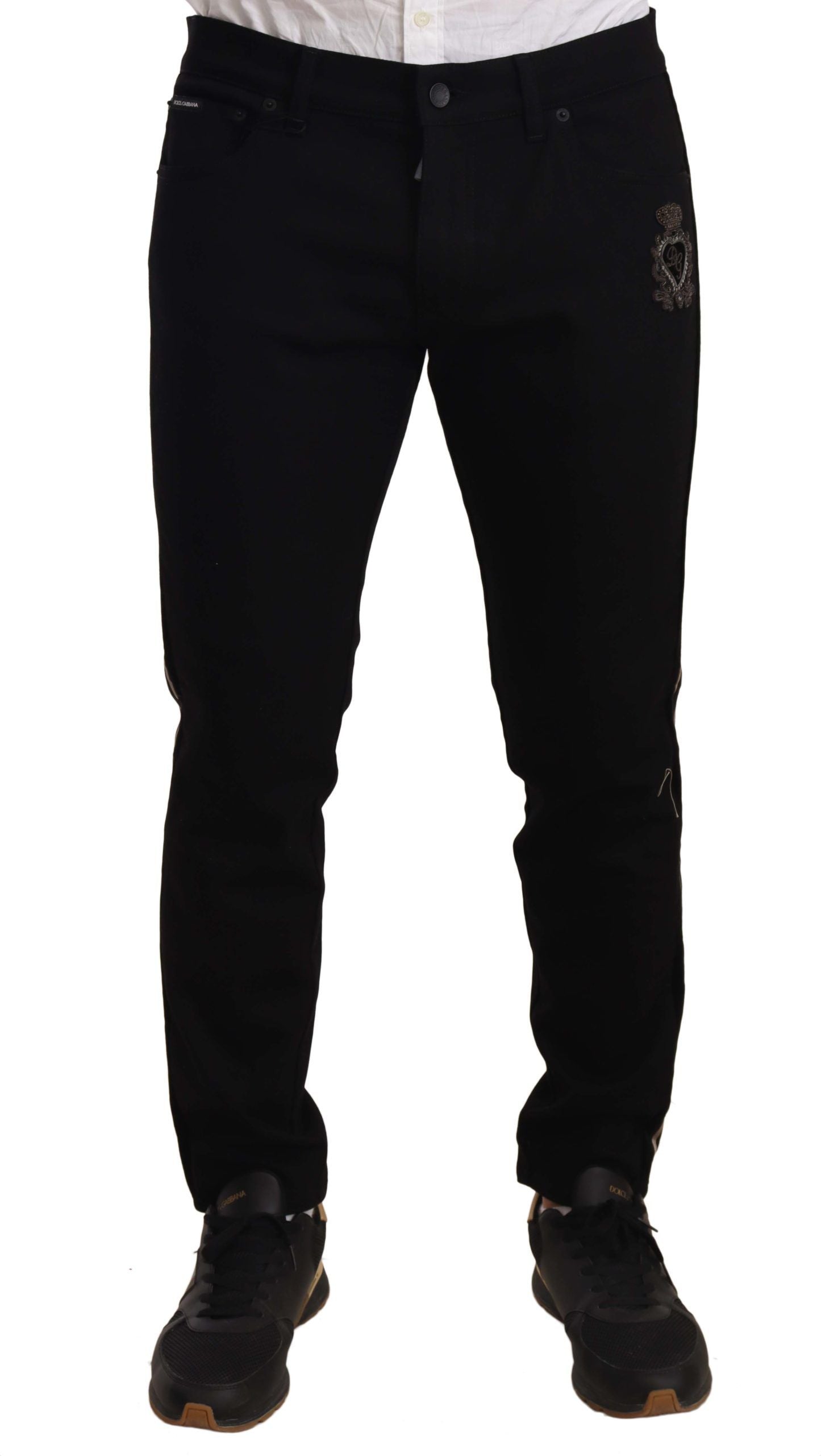 Dolce & Gabbana black slim fit jeans with iconic heraldic embroidery