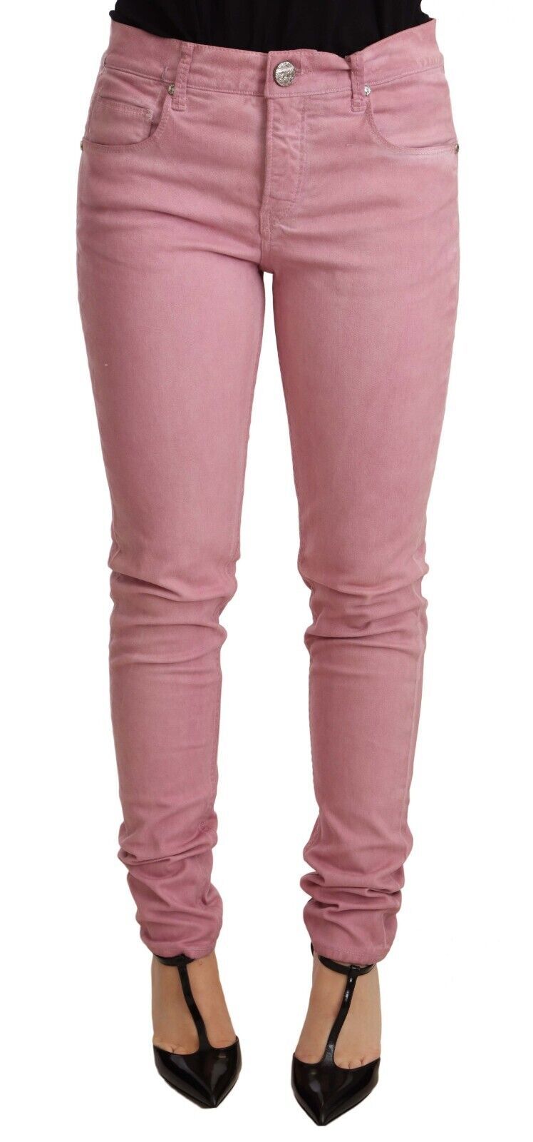 Slim fit pink denim jeans with button fly and logo details