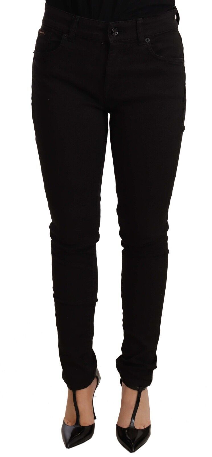 Dolce & Gabbana Chic Black Mid-Waist Skinny Denim Jeans with zipper closure and logo details