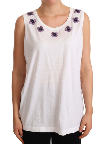 Dolce & Gabbana Floral Trim Logo Tank Top in White with purple floral detailing