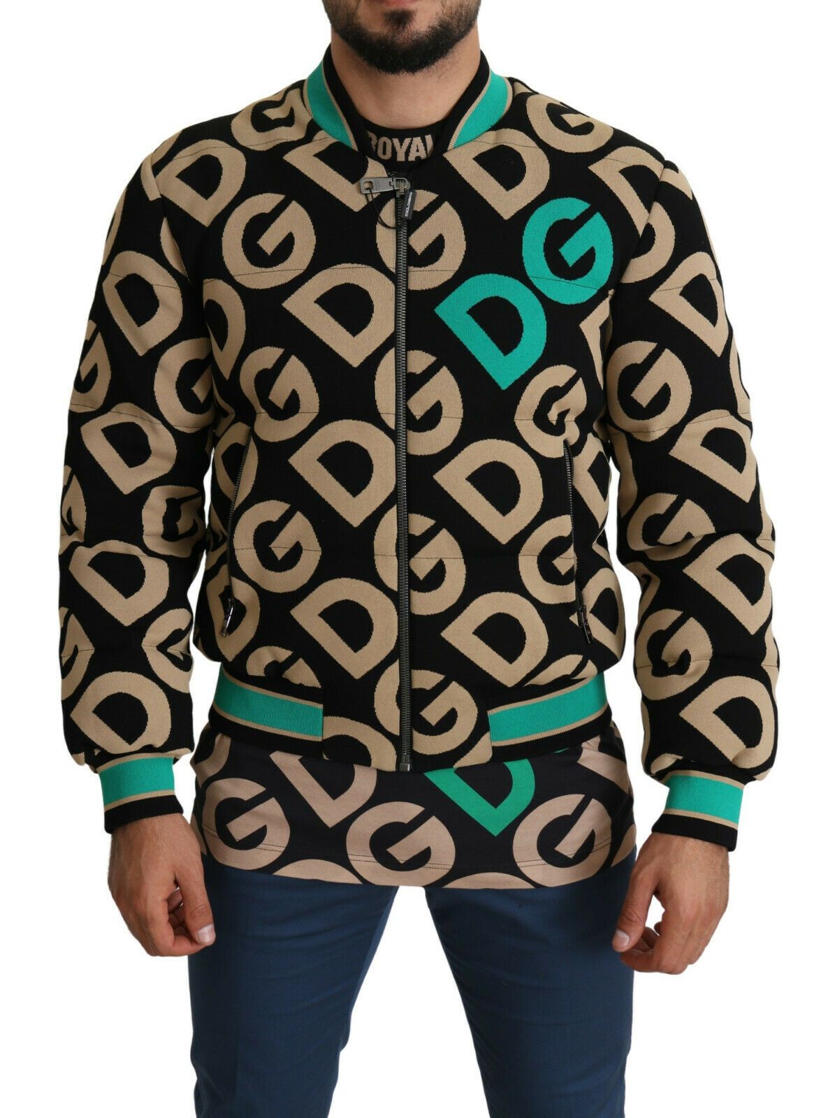 Dolce & Gabbana Iconic Printed Bomber Jacket in Black with beige logo print and green detailing