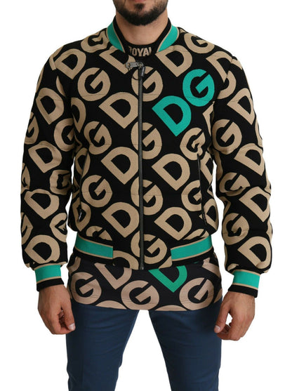 Dolce & Gabbana Iconic Printed Bomber Jacket in Black with beige logo print and green detailing