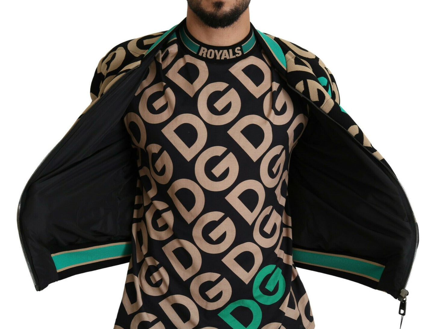 Sophisticated and stylish black bomber jacket with iconic all-over logo print
