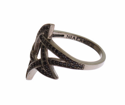 Nialaya Chic Black Rhodium Silver CZ Crystal Ring with exquisite black CZ crystals set upon lustrous black rhodium 925 sterling silver, designed to elevate any outfit with a cool and sophisticated edge