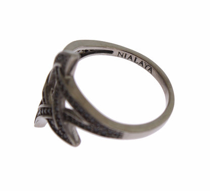 Nialaya Chic Black Rhodium Silver CZ Crystal Ring with black CZ crystals and lustrous black rhodium 925 sterling silver, designed to elevate any outfit with a cool and sophisticated edge
