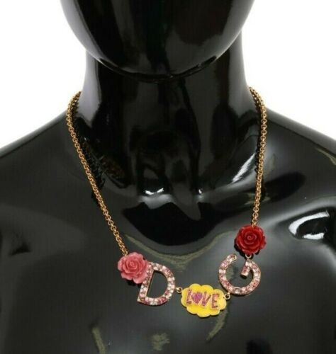 Dolce & Gabbana Gold Crystal Charm Statement Necklace with Pink and Clear Crystals and Fumetti Cartoons Motif